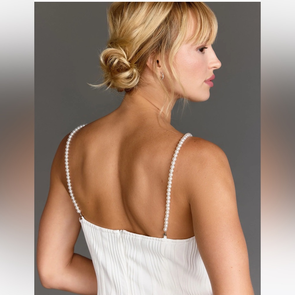 Lena Pearl Strap Ripple Textured Midi Dress (White) NWT